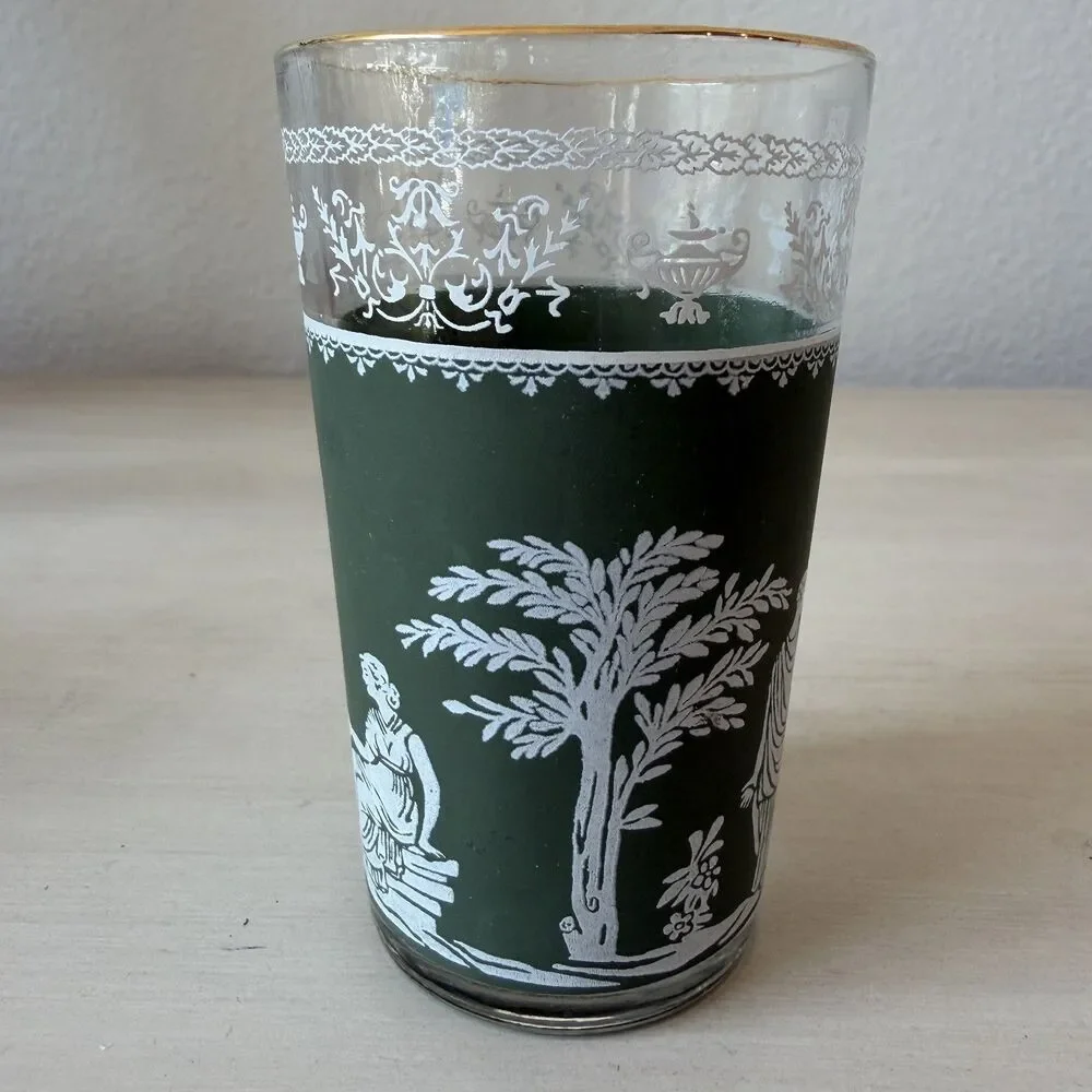 Set of 2 Vintage Jeanette Juice Glass Green Hellenic Jasperware Style Gold Rim